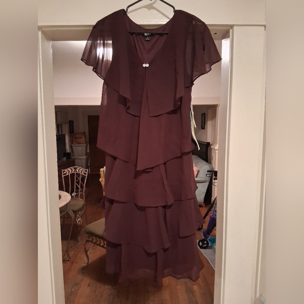 SLNY Maroon High Low Layered Dress
